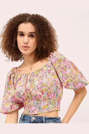 Mayra Women Floral Printed Puff Sleeves Cotton Bardot Crop Top
