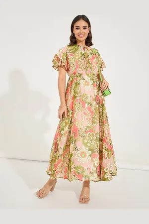 Styli Floral Print Flutter Sleeve A-Line Maxi Dress