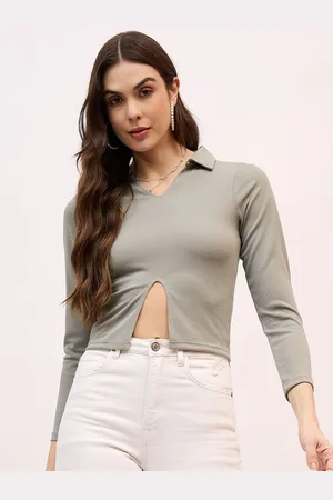 Mayra Women Shirt Collar Ribbed Crop Fitted Top