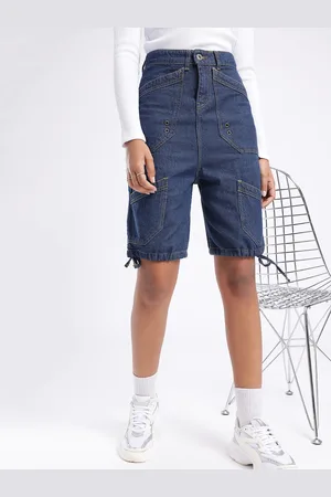 DressBerry Women Urban Cool High-Rise Knee Length Denim Cargo Shorts
