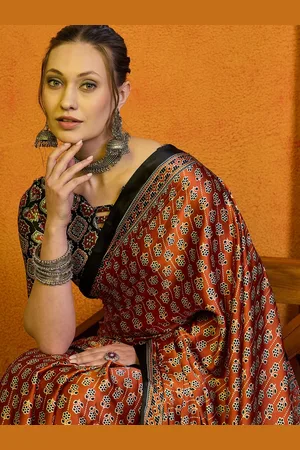 Sangria Women Rust Satin Block Printed Saree With Blouse Piece