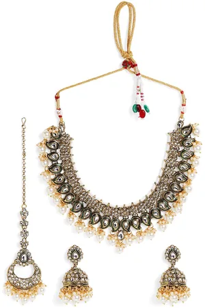 Priyaasi Gold-Plated Kundan Studded & Beaded Necklace and Earrings With Maang Tika