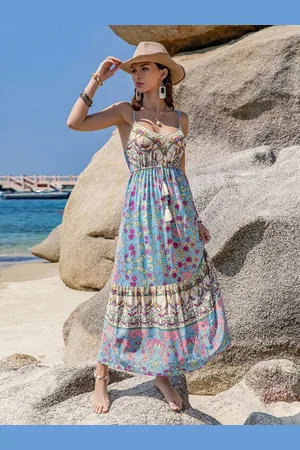JC Mode Women Floral Printed Shoulder Straps Maxi Dress
