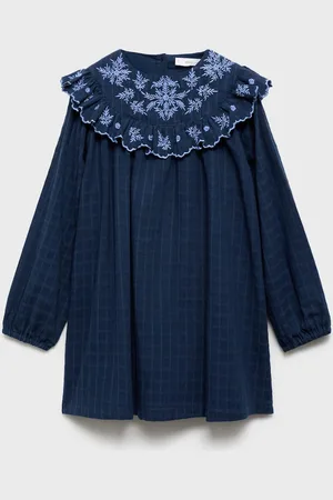 MANGO Girls Self-Checked Embroidered Neck Puff Sleeves A-Line Dress
