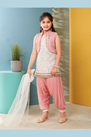 Sangria Girls Sequin Embroidered Lace Work Silk Kurti Patiala & Dupatta With Jacket
