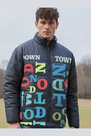Bewakoof Navy Blue Typography Printed Mock Collar Oversized Puffer Jacket