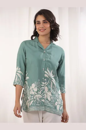 JISORA Women Tropical Print Roll-Up Sleeves Pure Silk Top