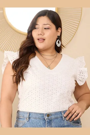 Berrylush Flutter Sleeve Cotton Schiffli Plus Size Top