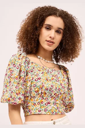 Mayra Women Floral Printed Pleated Cotton Crop Top