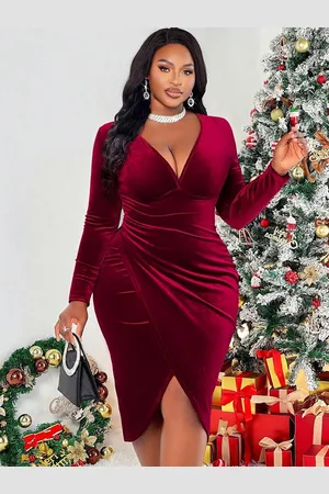JC Mode Women V-Neck Long Sleeves Bodycon Midi Dress