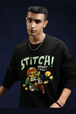 Highlander Disney Men Stitch Jet Round Neck Self Design Sweater