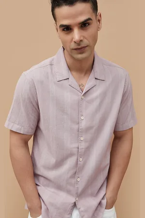 Lifestyle Men Cuban Collar Vertical Striped Cotton Casual Shirt