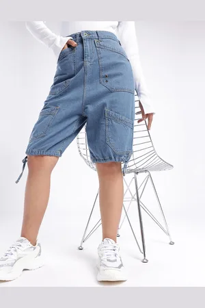 DressBerry Women Street Cool High-Rise Knee Length Denim Cargo Shorts