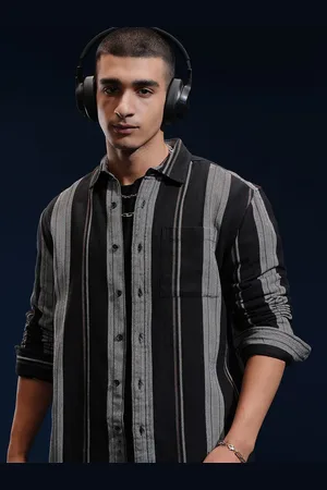 Highlander Men Herringbone Melange Textured Striped Relaxed Overshirt
