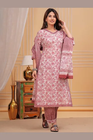 Kalini Floral Printed V-Neck Pure Cotton Straight Kurta With Pyjamas & Dupatta
