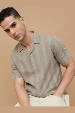 Lifestyle Men Cuban Collar Vertical Striped Cotton Casual Shirt