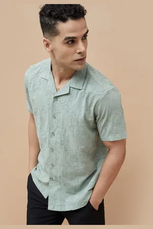 Lifestyle Men Cuban Collar Floral Solid Cotton Casual Shirt