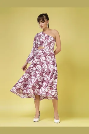 OOMPH Women Printed One Shoulder A-Line Midi Dress
