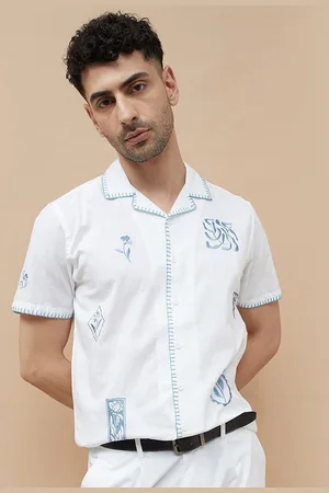 Lifestyle Men Cuban Collar Floral Solid Cotton Casual Shirt