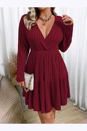 JC Mode Women Striped V-Neck Long Sleeves Jumper Dress
