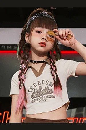 LULU & SKY Girls Shirt Collar Typography Printed Fitted Crop Top