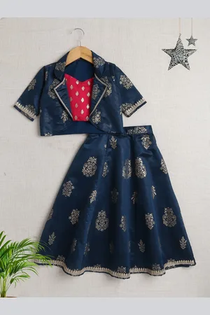 The Magic Wand Girls Embellished Foil Print Ready to Wear Lehenga With Choli & Jacket
