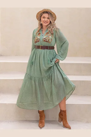 JC Mode Women Printed Mandarin Collar Long Sleeves Maxi Dress