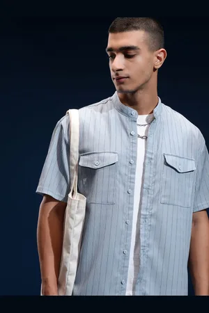 Highlander Men Popcorn Textured Striped Utility Pocket Mandarin Collar Relaxed Shirt