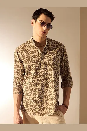DENNISON Floral Hand Block Printed Mandarin Collar Cotton Short Kurta