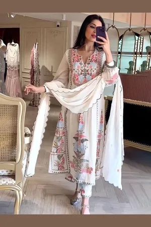 Lilots Floral Embroidered Thread Work Anarkali Kurta With Trousers & Dupatta