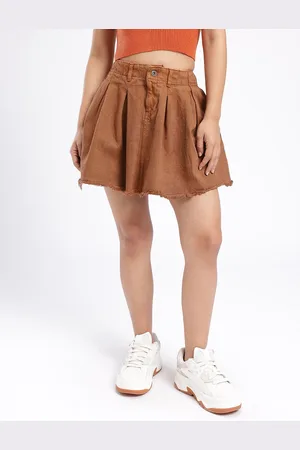 DressBerry Women Modern Chic Flared Frayed Hem A-line Pleated Denim Skirt