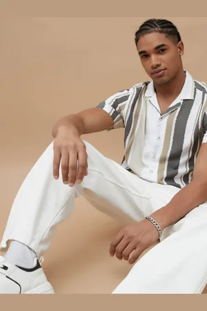 Lifestyle Men Cuban Collar Vertical Striped Casual Shirt