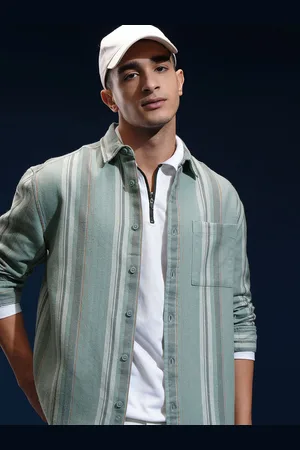 Highlander Men Herringbone Melange Textured Striped Relaxed Overshirt