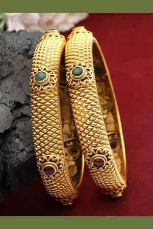 PANASH Set Of 2 24 CT Gold Plated AD-Studded Antique Bangles
