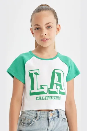 DeFacto Girls Typography Printed Round Neck Cotton T-shirt