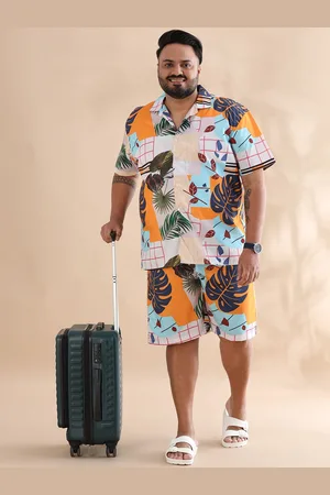 Bushirt Plus Size Tropical Printed Cuban Collar Short Sleeves Shirt With Shorts