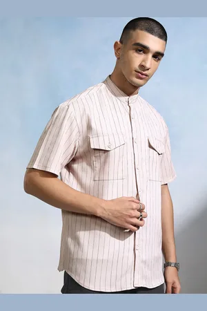 Highlander Men Popcorn Textured Striped Utility Pocket Mandarin Collar Relaxed Shirt