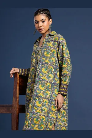 Taavi Floral Printed Shirt Collar Cuffed Sleeves Bagru A-Line Ethnic Dresses
