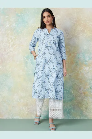 Lifestyle Floral Printed Mandarin Collar Cotton Straight Kurta