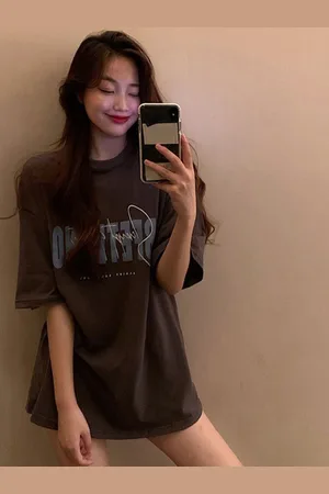 LULU & SKY Women Typography Printed Round Neck Oversized T-shirt