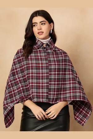 InWeave Women Shirt Collar Acrylic Checked Poncho