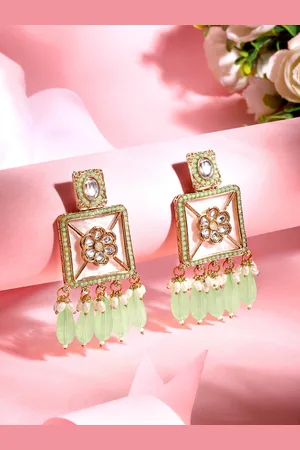 Asmitta Jewellery 18K Gold-Plated Stone Studded Square Drop Earrings
