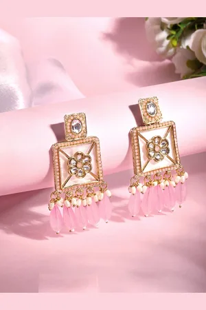 Asmitta Jewellery 18K Gold-Plated Stone Studded Square Drop Earrings