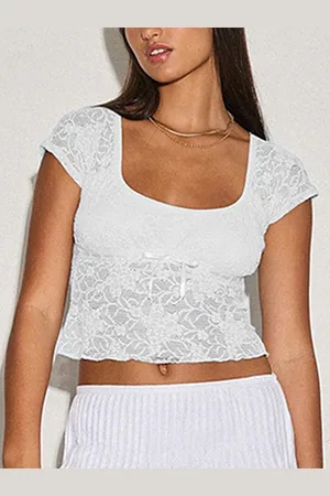 LULU & SKY Women Self Design Square Neck Cap Sleeves Fitted Crop Top