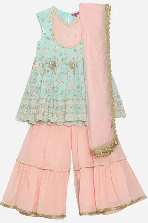 Biba Girls Floral Embroidered Round Neck Anarkali Kurta With Sharara & Dupatta