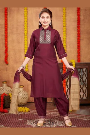 Sangria Girls Embroidered Pure Silk Sequinned Straight Kurta Patiala With Dupatta