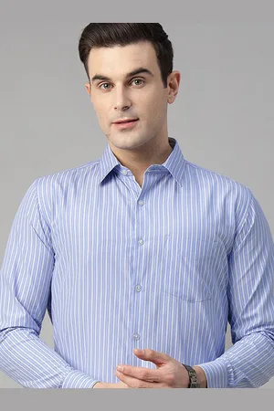 English Navy Men Spread Collar Vertical Striped Wrinkle Ressistant Slim Fit Formal Shirt