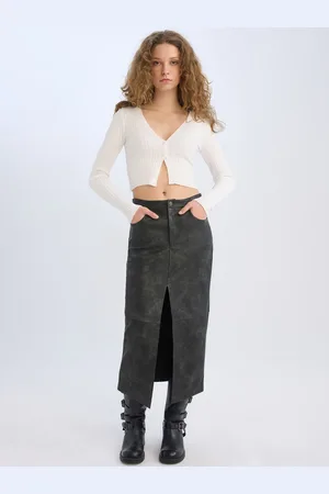 DeFacto High Waist Front Slit Midi Skirts