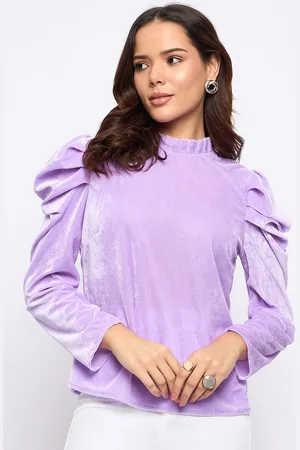 Imfashini Women High Neck Puff Sleeves Velvet Blouson Top