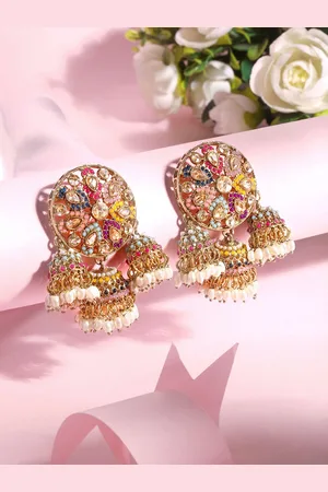 Asmitta Jewellery Gold-Plated Contemporary Stone Studded & Beaded Drop Earrings